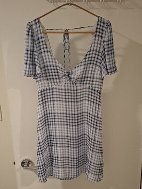 Urban Outfitters Floaty Blue/White Plaid Flutter-hem/sleeve Mini Dress (Size M)